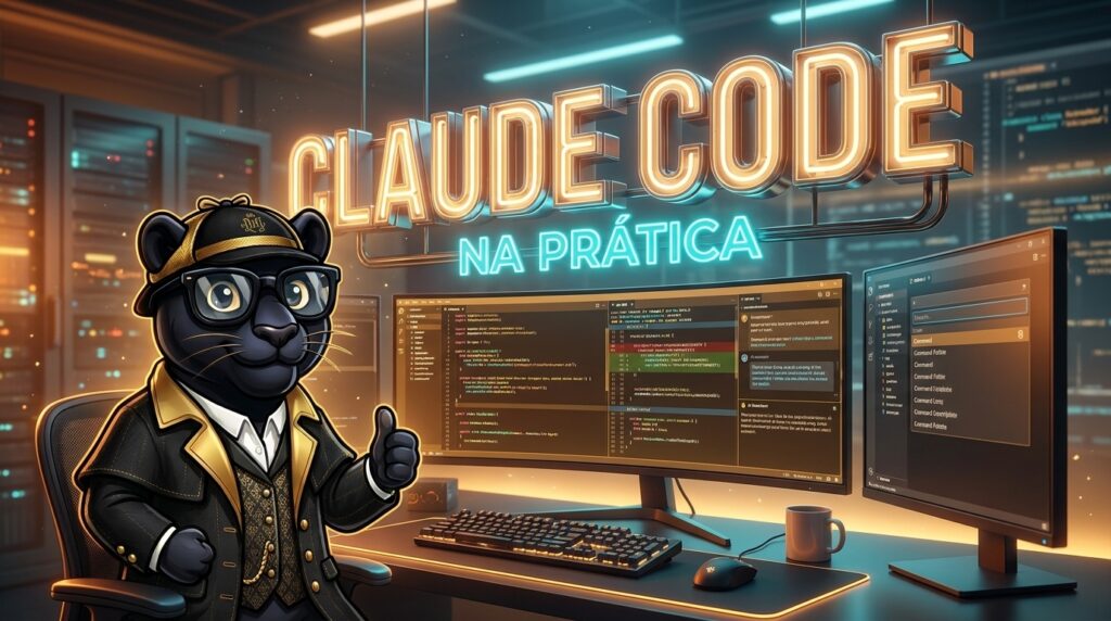 Ilustração de terminal com programação assistida por IA para artigo sobre Claude Code na prática