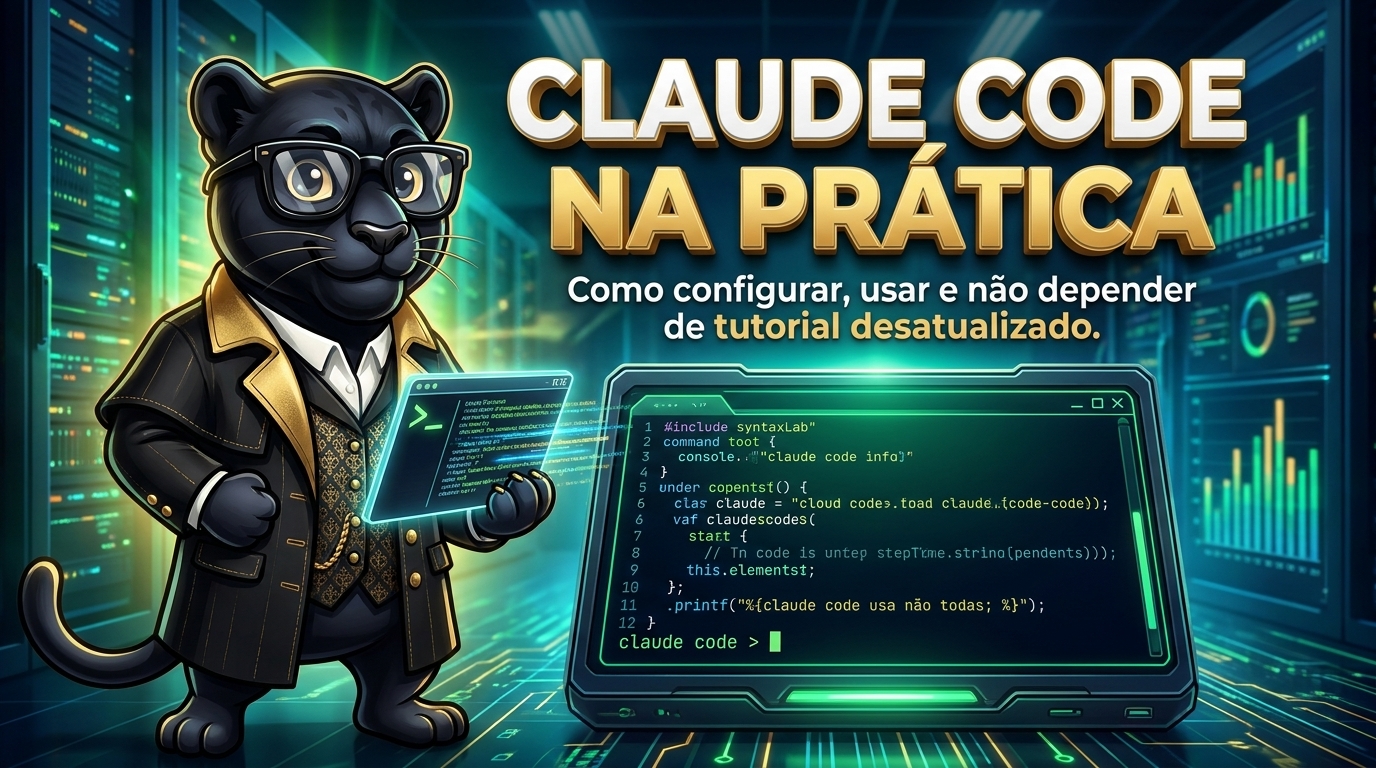 Ilustração editorial do SyntaxLab sobre Claude Code na prática: como configurar, usar e não depender de tutorial desatualizado
