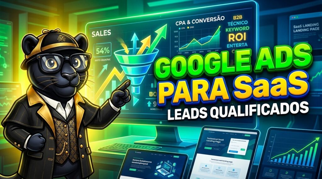 Ilustração de dashboard de aquisição e métricas para artigo sobre Google Ads para SaaS técnico
