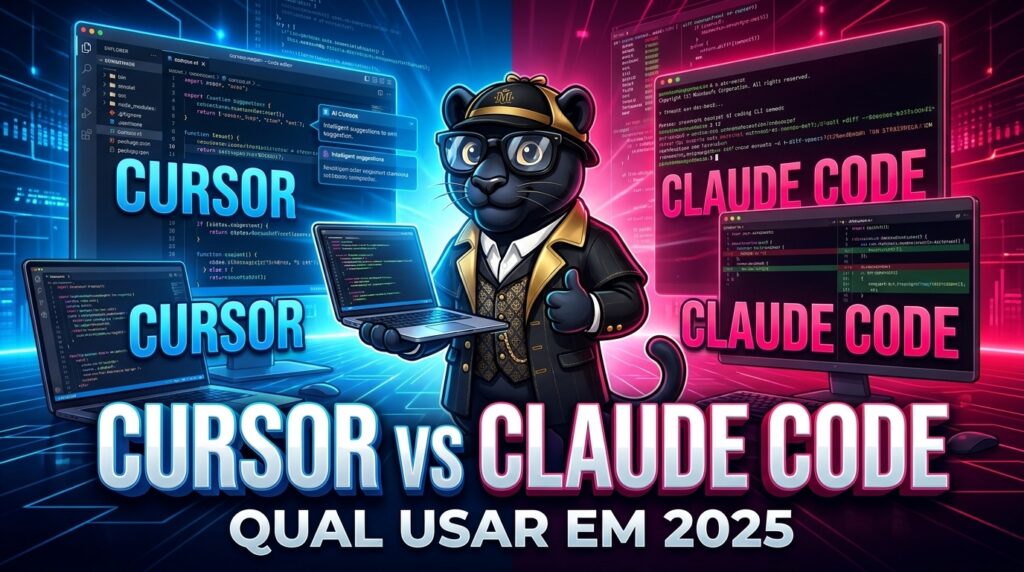 Ilustração comparando fluxo de desenvolvimento com editor assistido por IA e terminal para artigo sobre Cursor vs Claude Code