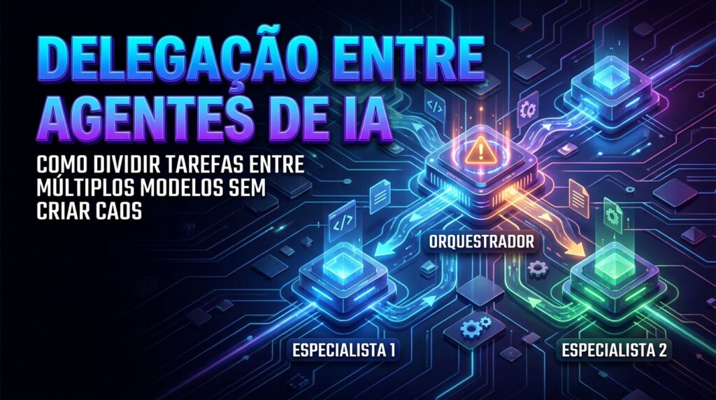 Diagrama de delegacao entre agentes de IA mostrando orquestrador central conectado a agentes especializados por setas direcionais