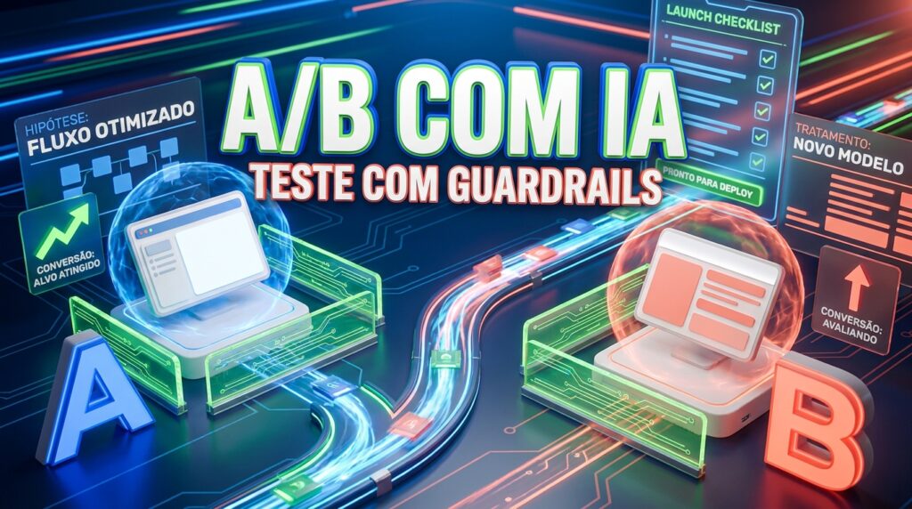 Ilustração de experimento A/B com IA, hipóteses, variantes e guardrails antes do deploy