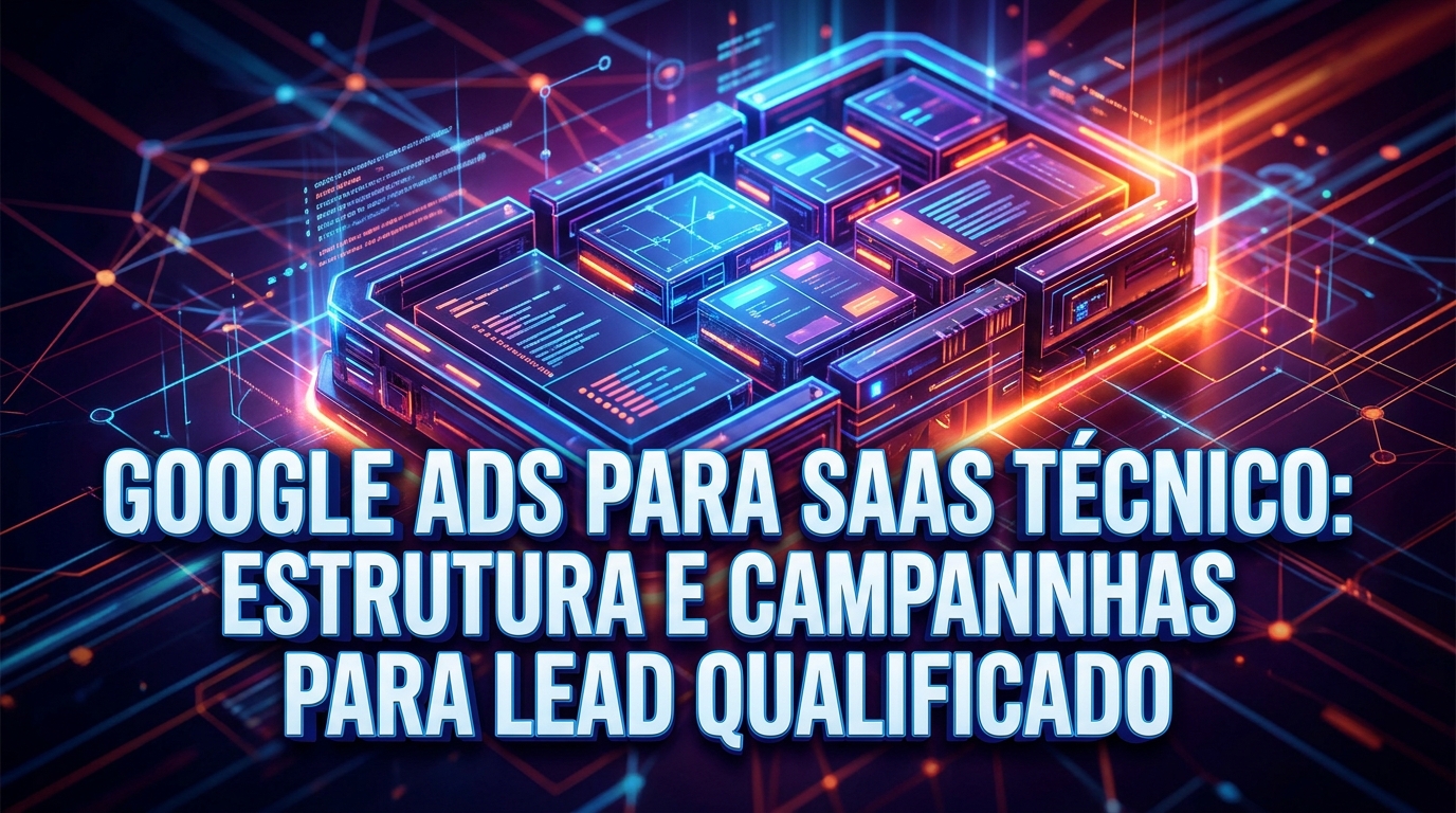 Google Ads para SaaS técnico: como estruturar campanhas que trazem lead qualificado | SyntaxLab Ilustração editorial do SyntaxLab sobre Google Ads para SaaS técnico: como estruturar campanhas que trazem lead qualificado