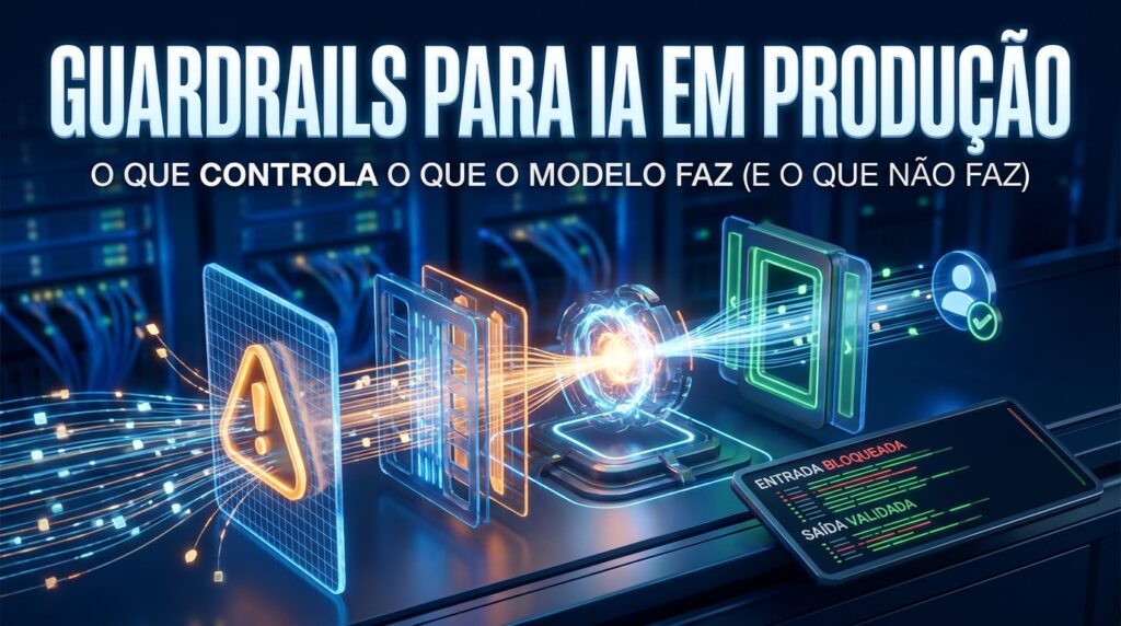 Diagrama estilizado de guardrails para IA em produção mostrando camadas de filtro entre entrada do usuário e modelo de linguagem