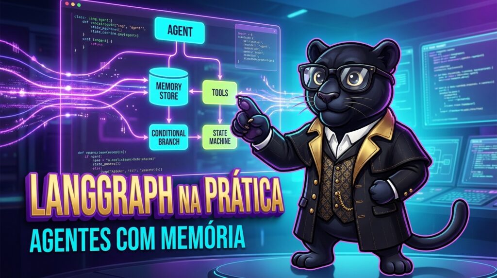 Ilustração de grafo de agentes de IA com memória e ferramentas para artigo sobre LangGraph na prática
