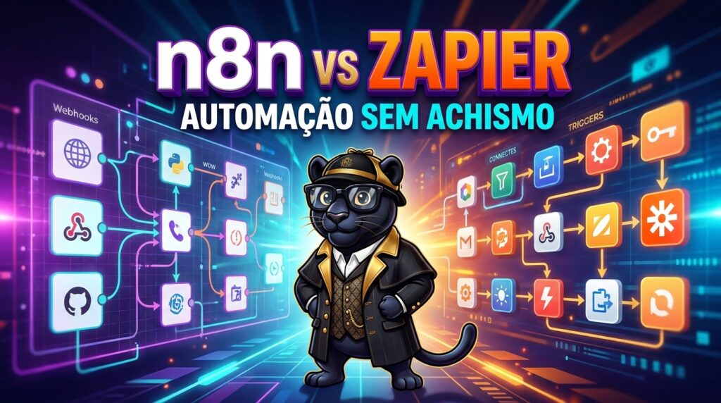Ilustração de fluxos de automação conectados para artigo comparando n8n e Zapier