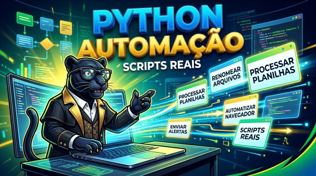 Ilustração de scripts Python automatizando tarefas repetitivas do dia a dia