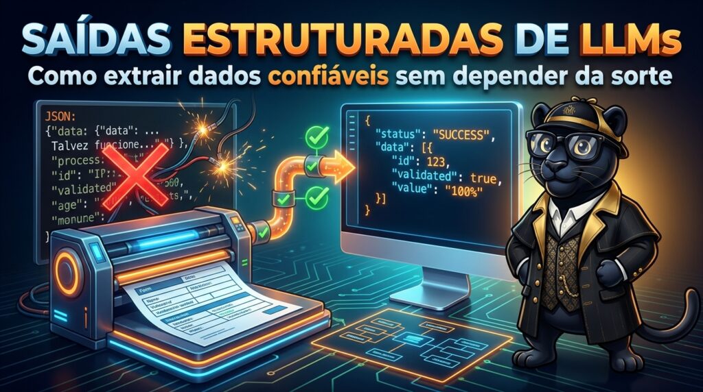 Comparação visual entre saída desestruturada de LLM e saída estruturada com campos organizados e validados em produção