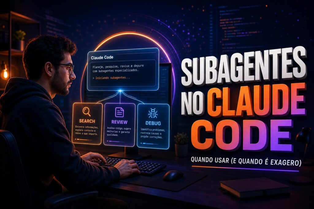 Ilustração editorial mostrando desenvolvedor usando subagentes no Claude Code com três cartões flutuantes representando tarefas paralelas