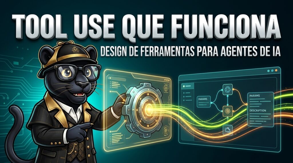 Diagrama de tool use em agentes de IA mostrando fluxo de chamada de ferramenta com parametros e retorno estruturado em interface de agente