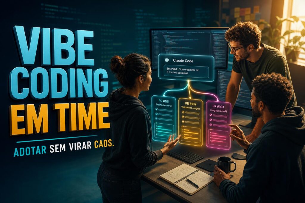 Ilustração editorial de time de desenvolvedores adotando vibe coding com Claude Code em fluxo de pull request colaborativo