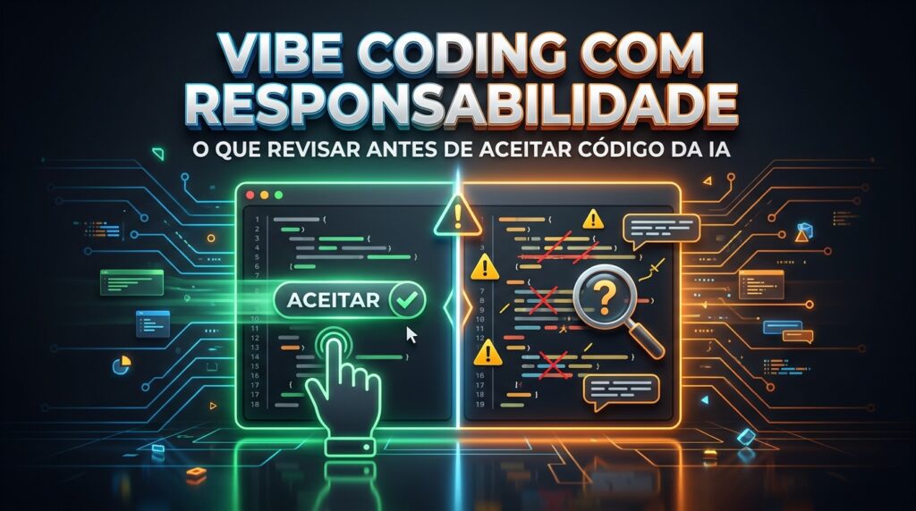 Tela de editor de código dividida entre geração automática por IA em verde e revisão humana crítica em laranja, representando revisão de código gerado por IA