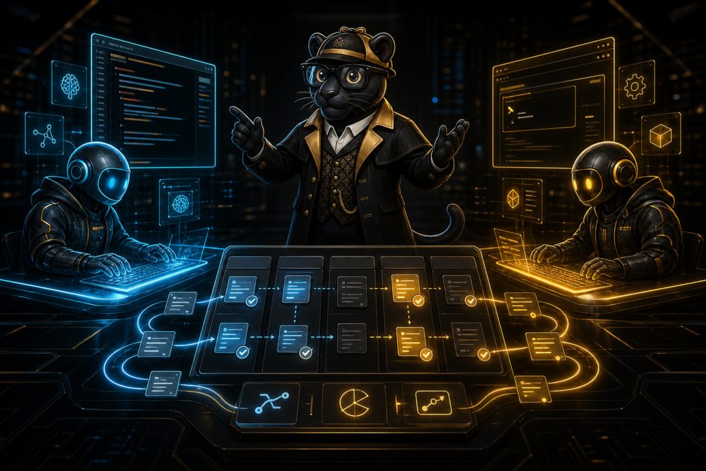 Pantera SyntaxLab orquestrando dois assistentes de IA de programacao trabalhando no mesmo fluxo, com editor e terminal ao fundo