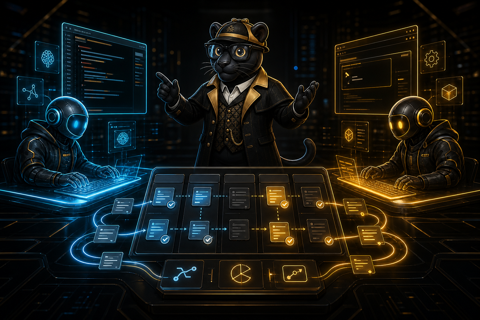 Pantera SyntaxLab orquestrando dois assistentes de IA de programacao trabalhando no mesmo fluxo, com editor e terminal ao fundo