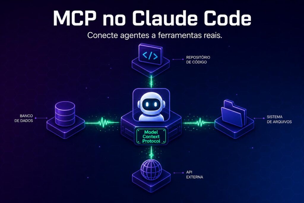 Diagrama de servidores MCP no Claude Code mostrando agente de IA conectado a ferramentas externas como banco de dados e documentação