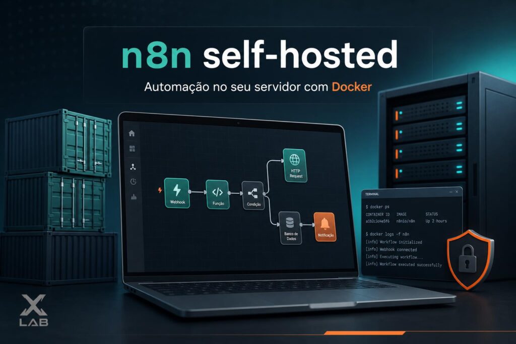 Capa: laptop com workflow conectado a containers genéricos e servidor; terminal com comandos e ícone de escudo.