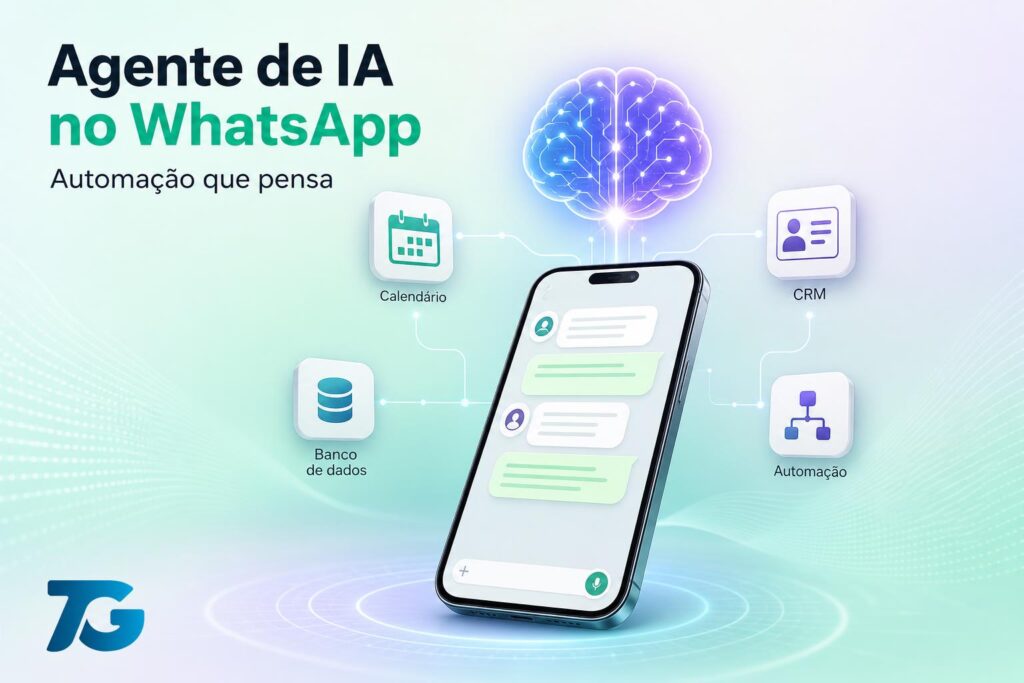 Smartphone central com agente de IA visual, balões de conversa e ícones de calendário, CRM e banco de dados, representando automação.