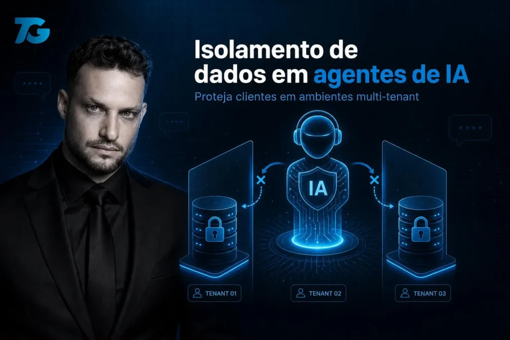 Capa 16:9 com agente de IA estilizado protegendo bancos de dados separados por cadeados e divisórias.