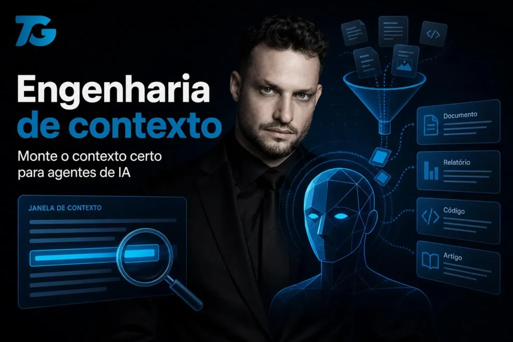 Agente de IA abstrato com painéis de contexto empilhados e funil de curadoria, em paleta #1283C4 e #0D0D0D.