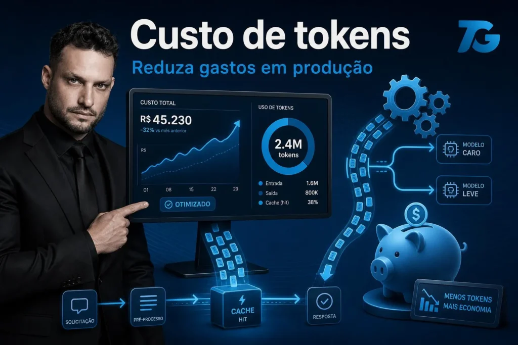 Painel com gráfico de custos, tokens estilizados fluindo, cofrinho e setas de roteamento nas cores #1283C4 e #0D0D0D.