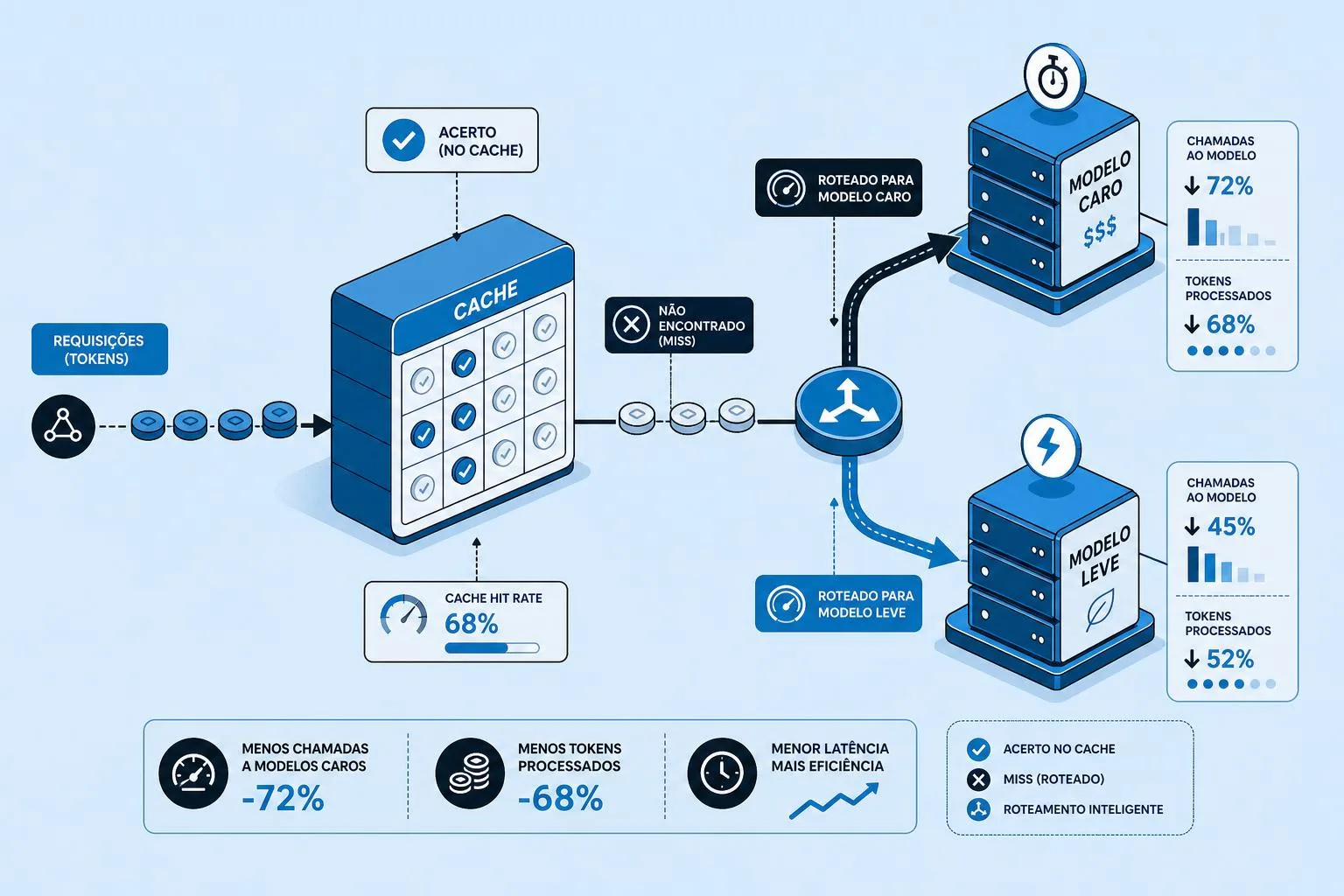 Ilustração isométrica de cache e roteamento de modelos com tokens, setas e servidores em #1283C4 e #0D0D0D.