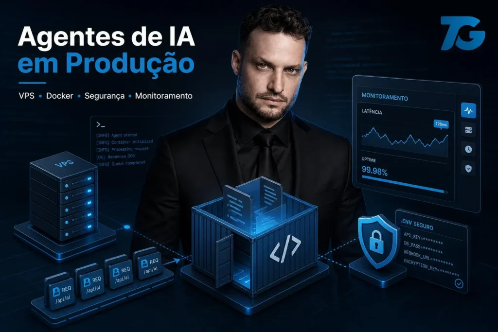 Capa: servidores isométricos, container genérico, escudo de segurança e painel de monitoramento com paleta #1283C4/#0D0D0D