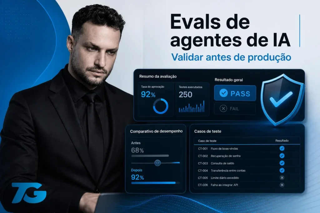 Capa mostrando um agente digital junto a um painel de métricas, checklist e escudo de confiança; paleta #1283C4 e #0D0D0D.