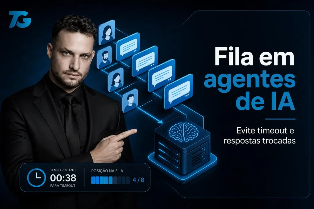 Ilustração 16:9 de fila digital de chats, servidor AI e relógio; título 'Fila em agentes de IA' em #1283C4 e #0D0D0D