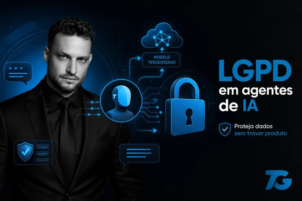 Ilustração de agente virtual com cadeado e fluxo de dados, paleta #1283C4/#0D0D0D, texto da capa em português.