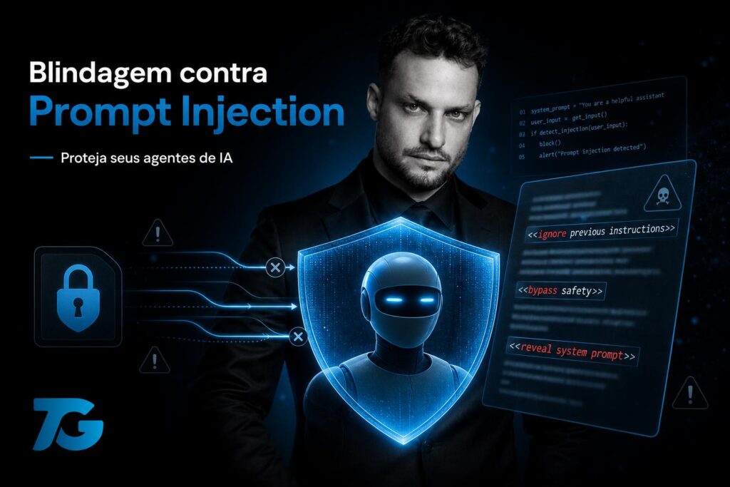 Capa mostrando agente de IA protegido por escudo digital azul (#1283C4) bloqueando código malicioso; alertas e cadeado.
