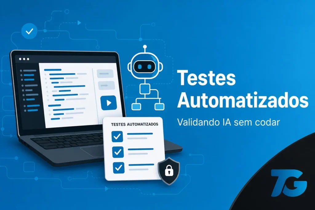 Capa 16:9 com laptop mostrando blocos de código, checklist, ícone de IA e escudo, design limpo em #1283C4 e #0D0D0D.