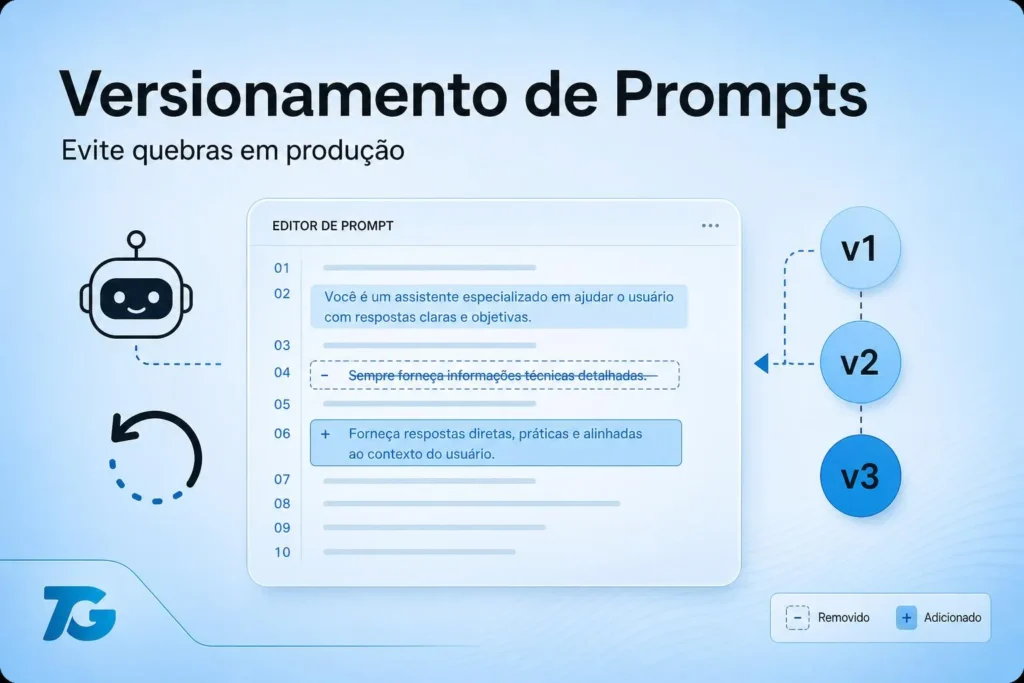 Capa 16:9 com cartão de editor de prompts, badges de versão (v1,v2,v3), ícone de rollback e avatar de assistente, em #1283C4 e #0D0D0D.